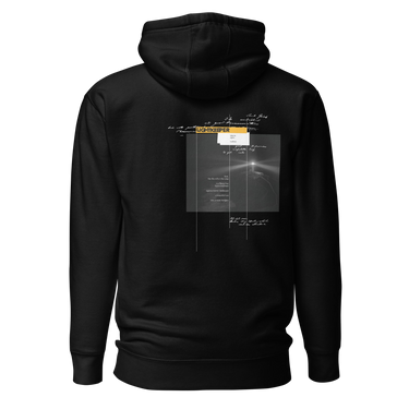 Back view of an hoodie in black. Design shows a rectangular grayscale graphic centered on the upper back showing a lighthouse shining into darkness. Above the image is a yellow label reading “LIGHTKEEPER,” surrounded by thin white grid lines and handwritten script text for a technical, conceptual design aesthetic