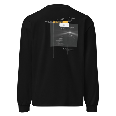 Back view of an longsleeve in black. Design shows a rectangular grayscale graphic centered on the upper back showing a lighthouse shining into darkness. Above the image is a yellow label reading “LIGHTKEEPER,” surrounded by thin white grid lines and handwritten script text for a technical, conceptual design aesthetic