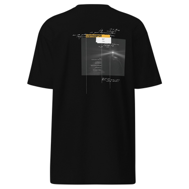 Back view of an t-shirt in black. Design shows a rectangular grayscale graphic centered on the upper back showing a lighthouse shining into darkness. Above the image is a yellow label reading “LIGHTKEEPER,” surrounded by thin white grid lines and handwritten script text for a technical, conceptual design aesthetic