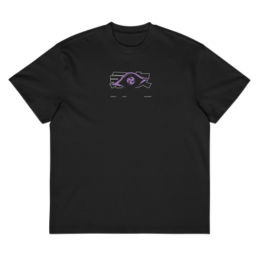 Front view of a box tee in black, flat. A graphic centered on the chest features a stylized eye symbol framed by abstract blocky shapes. Below are the words "PERPETUITY", "INFINITY", and "ENDLESSNESS".