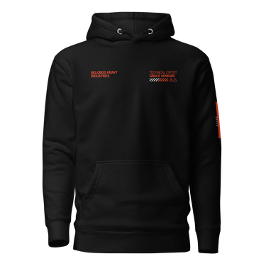 Front view of a solid-colored hoodie. Two separate small graphics are on the chest, featuring technical-style text such as "BELOBOG HEAVY INDUSTRIES" and "TECHNICAL EXPERT".