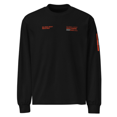Front view of a solid-colored longsleeve. Two separate small graphics are on the chest, featuring technical-style text such as "BELOBOG HEAVY INDUSTRIES" and "TECHNICAL EXPERT".
