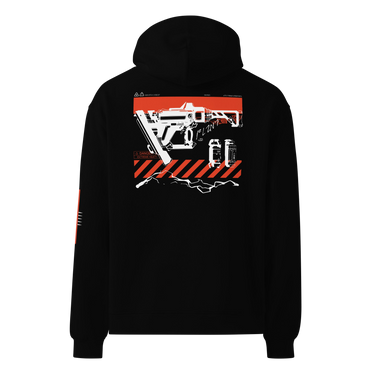 Back view of a solid-colored oversized-hoodie. A large graphic on the upper back features a detailed, high-contrast illustration of a futuristic nailgun. The design includes diagonal hazard stripes and schematic-style text and symbols emulating a blueprint.