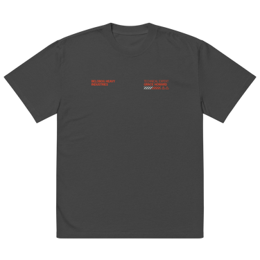 Front view of a solid-colored oversized-tee. Two separate small graphics are on the chest, featuring technical-style text such as "BELOBOG HEAVY INDUSTRIES" and "TECHNICAL EXPERT".