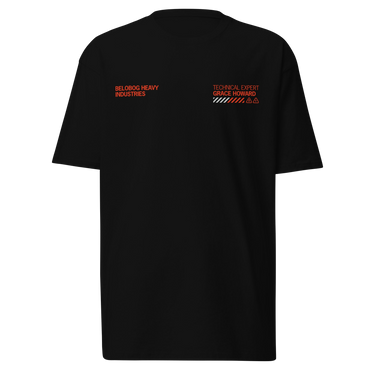 Front view of a solid-colored shirt. Two separate small graphics are on the chest, featuring technical-style text such as "BELOBOG HEAVY INDUSTRIES" and "TECHNICAL EXPERT".
