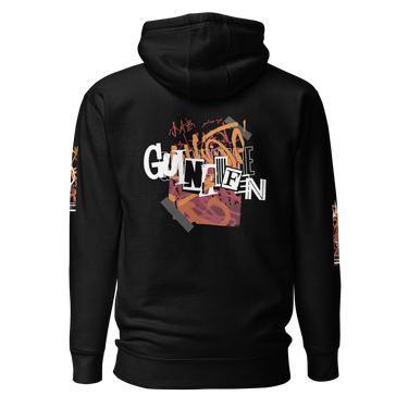 Back view of a solid-colored hoodie. A large, chaotic collage graphic on the upper back features stylized text, graffiti scribbles, and abstract textured shapes.