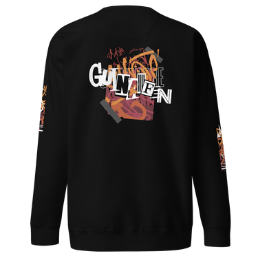 Back view of a solid-colored sweatshirt. A large, chaotic collage graphic on the upper back features stylized text, graffiti scribbles, and abstract textured shapes.