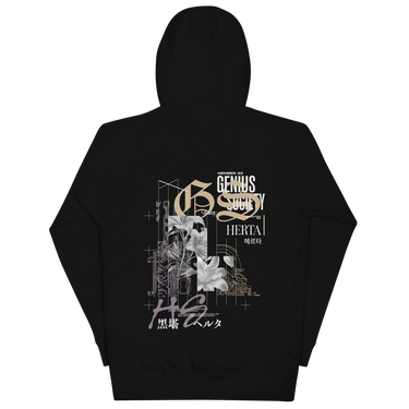 Back view of a solid-colored hoodie. A large, vertical collage graphic on the upper back features large, ornate gothic letters 'G' and 'S', layered with high-contrast floral illustrations and fine-line architectural schematics. The design also includes various blocks of English and East Asian text.