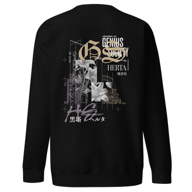 Back view of a solid-colored sweatshirt. A large, vertical collage graphic on the upper back features large, ornate gothic letters 'G' and 'S', layered with high-contrast floral illustrations and fine-line architectural schematics. The design also includes various blocks of English and East Asian text.