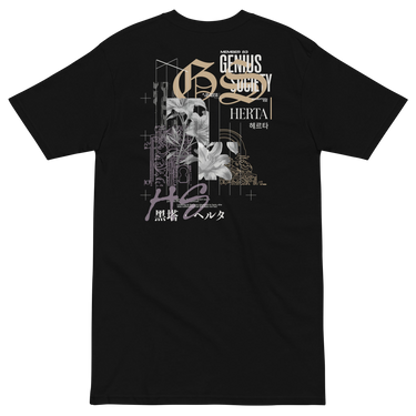 Back view of a solid-colored shirt. A large, vertical collage graphic on the upper back features large, ornate gothic letters 'G' and 'S', layered with high-contrast floral illustrations and fine-line architectural schematics. The design also includes various blocks of English and East Asian text.