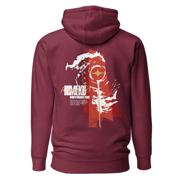 Back view of a Hoodie in Maroon. a large back graphic centered on a jagged, torn-map style emblem in white with a glowing star burst at its center, layered over angled orange-red geometric panels resembling sail or flag fragments, alongside a bold two-line wordmark, a short block of descriptive text, and a smaller diagonal wordmark near the hem