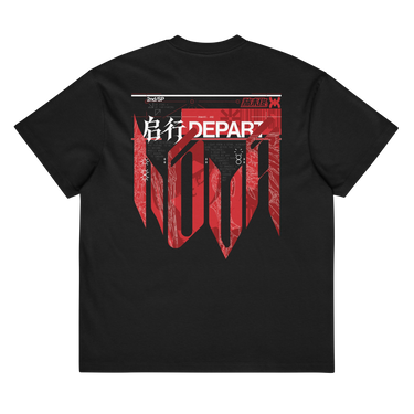 Back view of a box tee in black. A large HUD-style graphic dominates the upper back, pairing a bold 'DEPART' wordmark with the stacked characters '启行' above a jagged red banner shaped like a torn transit map, its silhouette faintly tracing a figure's profile. Dense micro-typography runs down both sides in vertical blocks of English verse about starlight and a dead sun, framed by sunburst icons, a small red stamp reading '旅未终,' and a technical grid header labeled '2nd/SP.'