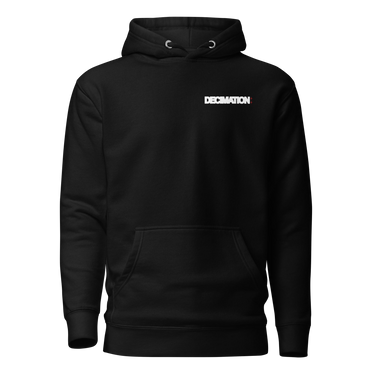 Front view of a hoodie in black. A bold 'DECIMATION' wordmark sits on the left chest in crisp white type, with a small red sparkle accent stamped beside it.