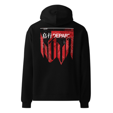 Back view of a oversized hoodie in black. A large HUD-style graphic dominates the upper back, pairing a bold 'DEPART' wordmark with the stacked characters '启行' above a jagged red banner shaped like a torn transit map, its silhouette faintly tracing a figure's profile. Dense micro-typography runs down both sides in vertical blocks of English verse about starlight and a dead sun, framed by sunburst icons, a small red stamp reading '旅未终,' and a technical grid header labeled '2nd/SP.'