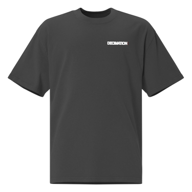 Front view of a oversized tee in faded black. A bold 'DECIMATION' wordmark sits on the left chest in crisp white type, with a small red sparkle accent stamped beside it.