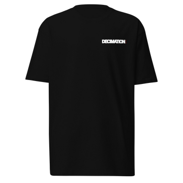 Front view of a t-shirt in black. A bold 'DECIMATION' wordmark sits on the left chest in crisp white type, with a small red sparkle accent stamped beside it.