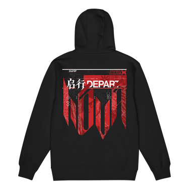 Back view of a zip hoodie in black. A large HUD-style graphic dominates the upper back, pairing a bold 'DEPART' wordmark with the stacked characters '启行' above a jagged red banner shaped like a torn transit map, its silhouette faintly tracing a figure's profile. Dense micro-typography runs down both sides in vertical blocks of English verse about starlight and a dead sun, framed by sunburst icons, a small red stamp reading '旅未终,' and a technical grid header labeled '2nd/SP.'
