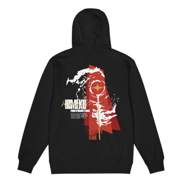 Back view of a Zip Hoodie in Black. a large back graphic centered on a jagged, torn-map style emblem in white with a glowing star burst at its center, layered over angled orange-red geometric panels resembling sail or flag fragments, alongside a bold two-line wordmark, a short block of descriptive text, and a smaller diagonal wordmark near the hem