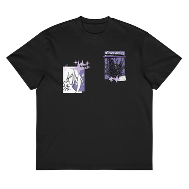 Front view of a box tee in black, flat. The chest features two separate collage-style graphics. One is a vertical rectangle containing a high-contrast illustration of a thorny bush. The other graphic features a line drawing of a character's head and hair, with several star shapes and a solid rectangular background.