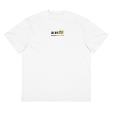 Front view of a box tee in white, flat. A small graphic on the left chest resembles a product label, featuring a black barcode next to a pale yellow box with the words "ROGUES" and "FLEET-FOOTED" inside.