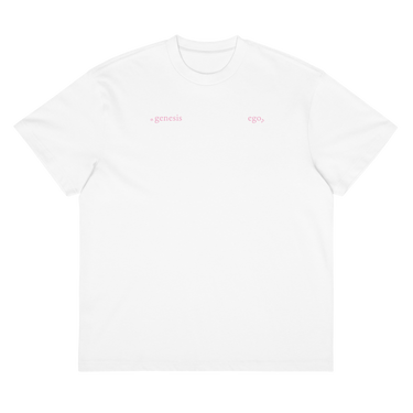 Front view of a box tee in white, flat. Design features small text printed across the upper chest: the word ‘genesis’ on the left side, preceded by a circular symbol, and the word ‘ego’ on the right side preceded by a music note.
