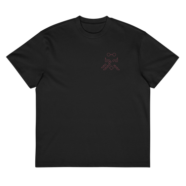 Front view of a box tee in black, flat.