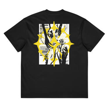 Back view of a box tee in black, flat. A large graphic centred on the upper back: a spiky, star-like silhouette filled with an abstract collage of fragmented hands in black and yellow line art, with bold yellow accents and horizontal black lines running through it.