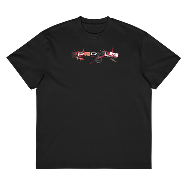 Front view of a box tee in black, flat. A graphic centered on the chest features the letters of the word "SPARKLE" stylized and scattered among abstract shapes, a line drawing of a mask, and small blocks of text.