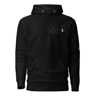 Front view of a solid-colored hoodie. A small graphic on the left chest features a geometric, flower-like symbol made of fine lines, next to a vertical block of technical-style text.
