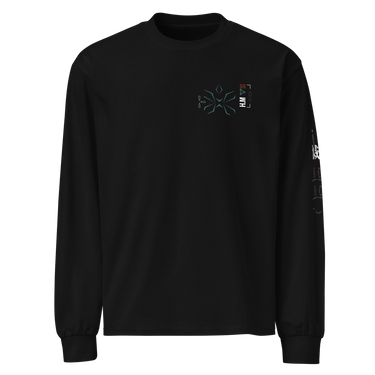 Front view of a solid-colored longsleeve. A small graphic on the left chest features a geometric, flower-like symbol made of fine lines, next to a vertical block of technical-style text.