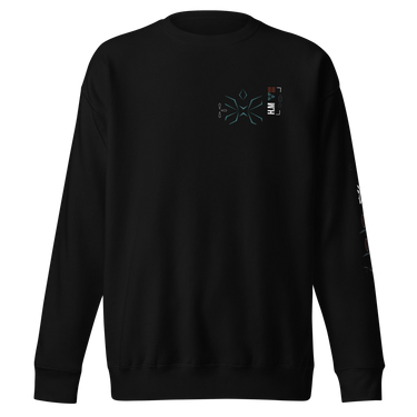 Front view of a solid-colored sweatshirt. A small graphic on the left chest features a geometric, flower-like symbol made of fine lines, next to a vertical block of technical-style text.