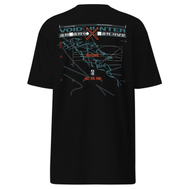 Back view of a solid-colored shirt. A large, complex graphic with a cyberpunk aesthetic is centered on the upper back. It features the prominent text "VOID HUNTER", layered over a dense collage of schematic lines, abstract shapes, and various blocks of Japanese text.