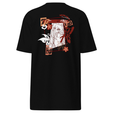 Back view of a solid-colored shirt. A large, vertical collage graphic on the upper back features a line-art illustration of the character Hu Tao from Genshin Impact. The design is framed by a rectangle and decorated with high-contrast butterflies, flowers, and various text elements.