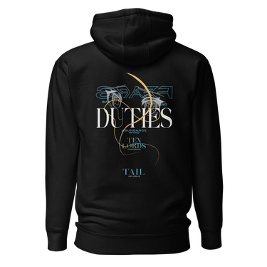 Back view of a solid-colored hoodie. A large, elegant graphic on the upper back features the prominent text "DUTIES", with the words "FEARS AND" above it. The design is layered with two high-contrast anime-style eyes and a long, swirling tail-like shape.