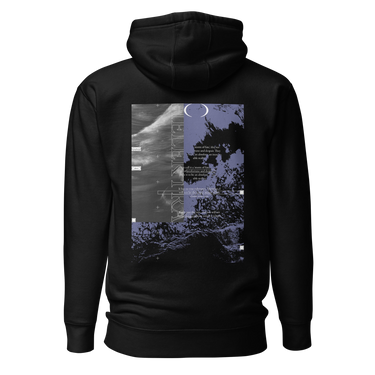 The back of a black hoodie. It features a large, vertical rectangular graphic with a split design. The left side shows a black-and-white image of waves, while the right side has a purple and black abstract texture of ocean waves. The word "HELEKTRA" is printed vertically in white down the center of the graphic, with a crescent moon symbol at the top.