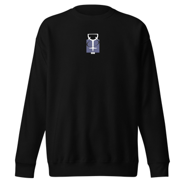 The front of a black sweatshirt. Centered on the chest is a small graphic featuring a stylized white symbol, resembling a chalice, set against a blue rectangular background.