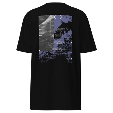The back of a black oversized t-shirt. It features a large, vertical rectangular graphic with a split design. The left side shows a black-and-white image of waves, while the right side has a purple and black abstract texture of ocean waves. The word "HELEKTRA" is printed vertically in white down the center of the graphic, with a crescent moon symbol at the top.