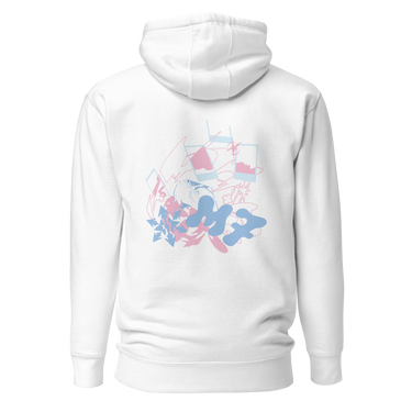 Back view of a solid-colored hoodie. A large, playful collage graphic is centered on the back. It features large, abstract blob-like letterforms, line drawings of polaroid frames, and various high-contrast scribbles and floral shapes.