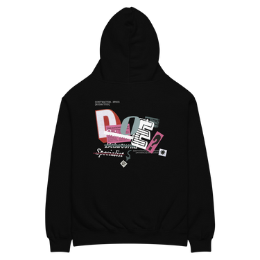 Back view of a solid-colored oversized-hoodie. A large, chaotic collage graphic on the upper back features large, stylized letters 'D' ‘O’ and 'E' mixed with numerous blocks of text in various collage lettering, resembling a ransom note or a deconstructed flyer.