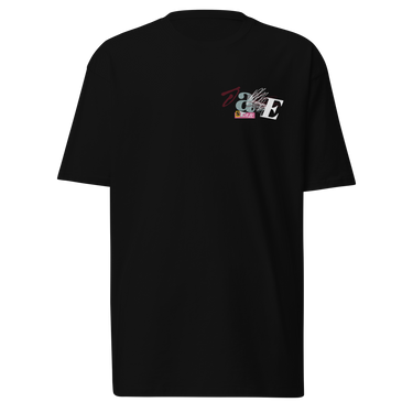 Front view of a solid-colored shirt. A small collage graphic on the left chest features the letters 'J' and 'E' and a serpent-like ampersand, layered over abstract shapes and sketchy lines that seemingly cover the letters ‘A’ and ‘N’ to form “Jane”.
