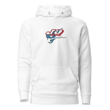 Front view of a solid-colored hoodie. A graphic on the chest features the characters "JQ" in a stylized, high-contrast font, intertwined with a flowing, smoke-like shape. Below is the text "Alchemy Commission".