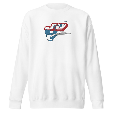 Front view of a solid-colored sweatshirt. A graphic on the chest features the characters "JQ" in a stylized, high-contrast font, intertwined with a flowing, smoke-like shape. Below is the text "Alchemy Commission".