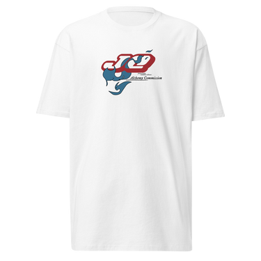 Front view of a solid-colored shirt. A graphic on the chest features the characters "JQ" in a stylized, high-contrast font, intertwined with a flowing, smoke-like shape. Below is the text "Alchemy Commission".