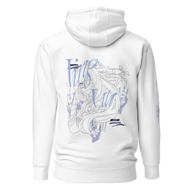 Back view of a solid-colored hoodie. A large graphic on the upper back features a line-art portrait of the character Jingliu from Honkai: Star Rail. The design is layered with large, elegant script text and abstract background splotches.