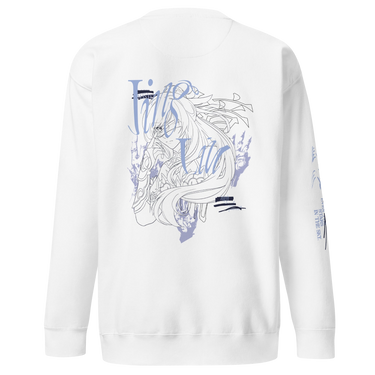 Back view of a solid-colored sweatshirt. A large graphic on the upper back features a line-art portrait of the character Jingliu from Honkai: Star Rail. The design is layered with large, elegant script text and abstract background splotches.