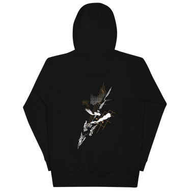 Back view of a solid-colored hoodie. A large, vertical collage graphic on the upper back is shaped like a lightning bolt and composed of various abstract textures, lines, and typographic elements.