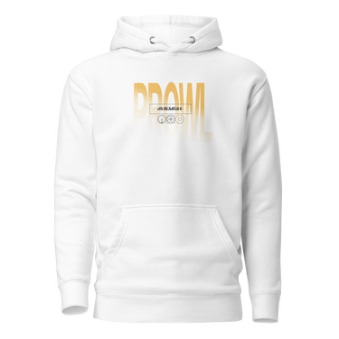 Front view of a hoodie. Centered on the chest is the word "PROWL" in a large, bold font. The letters are colored in a golden-yellow gradient with a halftone texture that fades towards the bottom. Within the letters, a small box contains the word "JUFUFU, SUMMIT" above several small, geometric icons.