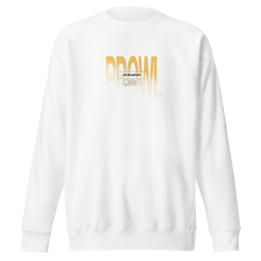 Front view of a sweatshirt. Centered on the chest is the word "PROWL" in a large, bold font. The letters are colored in a golden-yellow gradient with a halftone texture that fades towards the bottom. Within the letters, a small box contains the word "JUFUFU, SUMMIT" above several small, geometric icons.