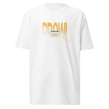Front view of a shirt. Centered on the chest is the word "PROWL" in a large, bold font. The letters are colored in a golden-yellow gradient with a halftone texture that fades towards the bottom. Within the letters, a small box contains the word "JUFUFU, SUMMIT" above several small, geometric icons.