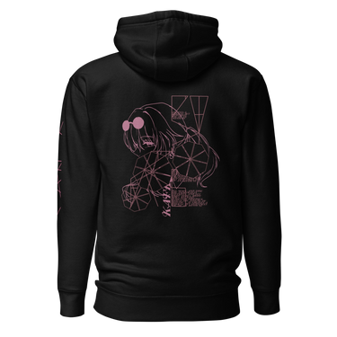 Back view of a solid-colored hoodie. A large graphic on the upper back features a fine-line illustration of the character Kafka from Honkai: Star Rail. The design is interwoven with large, web-like geometric patterns and small blocks of text.